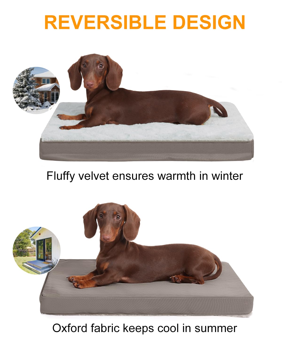 KSIIA two-sided bed with plush and Oxford fabrics for warmth and durability.