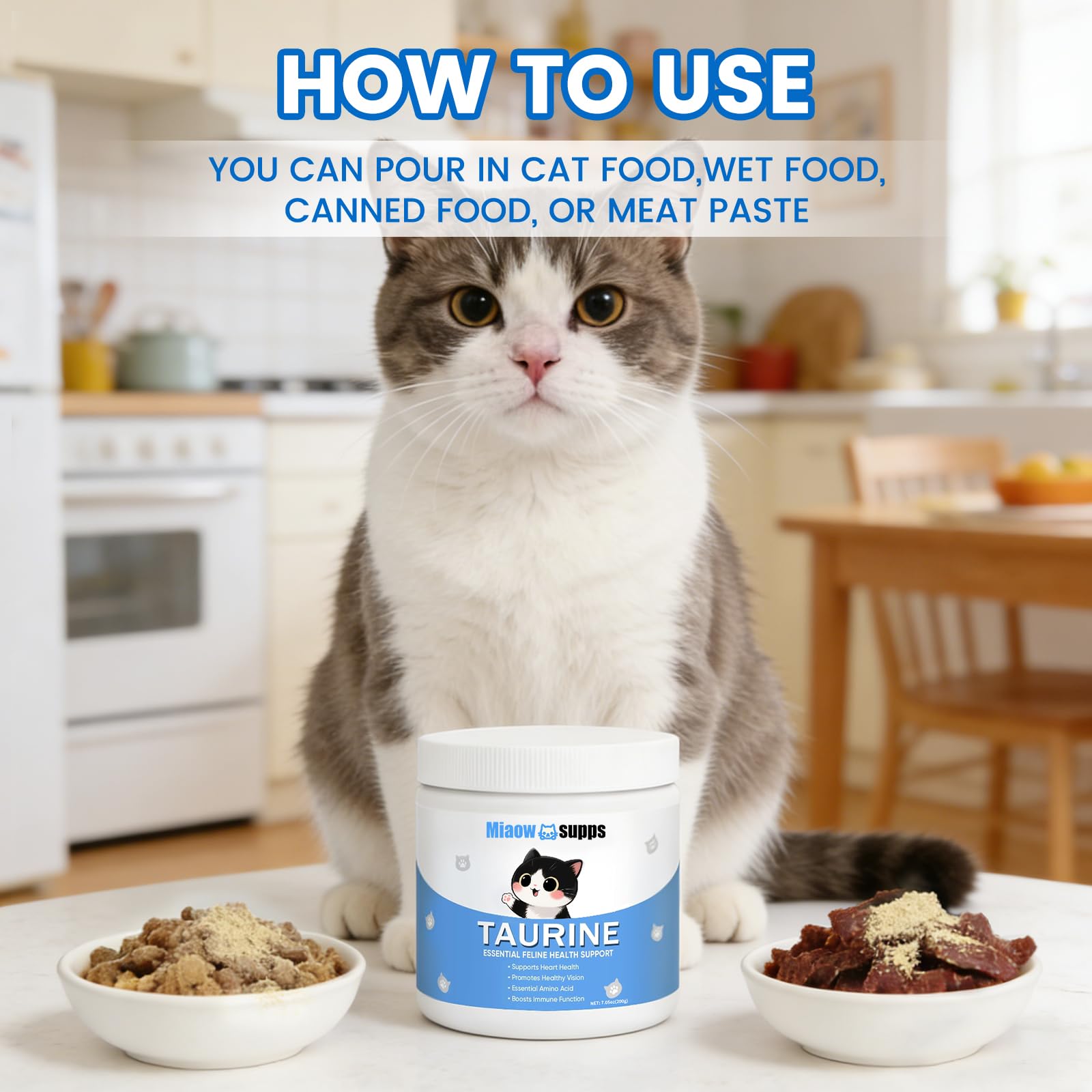Ksjue Kittysupps taurine powder blends into cat food without altering taste