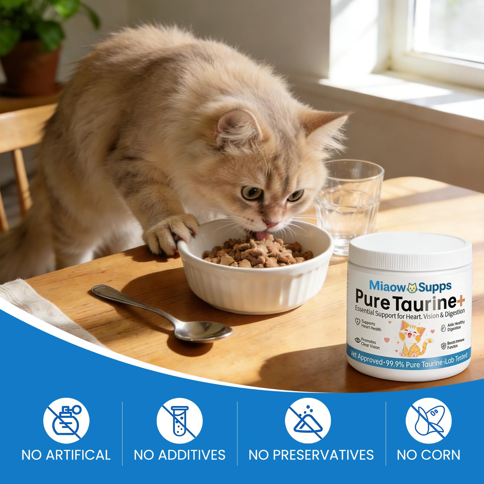 Ksjue Taurine multi-cat use scene illustrating shared daily supplement routine