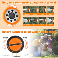 KSSZZZZCO eight-pattern nozzle demonstrates versatile spray options for pets and chores.