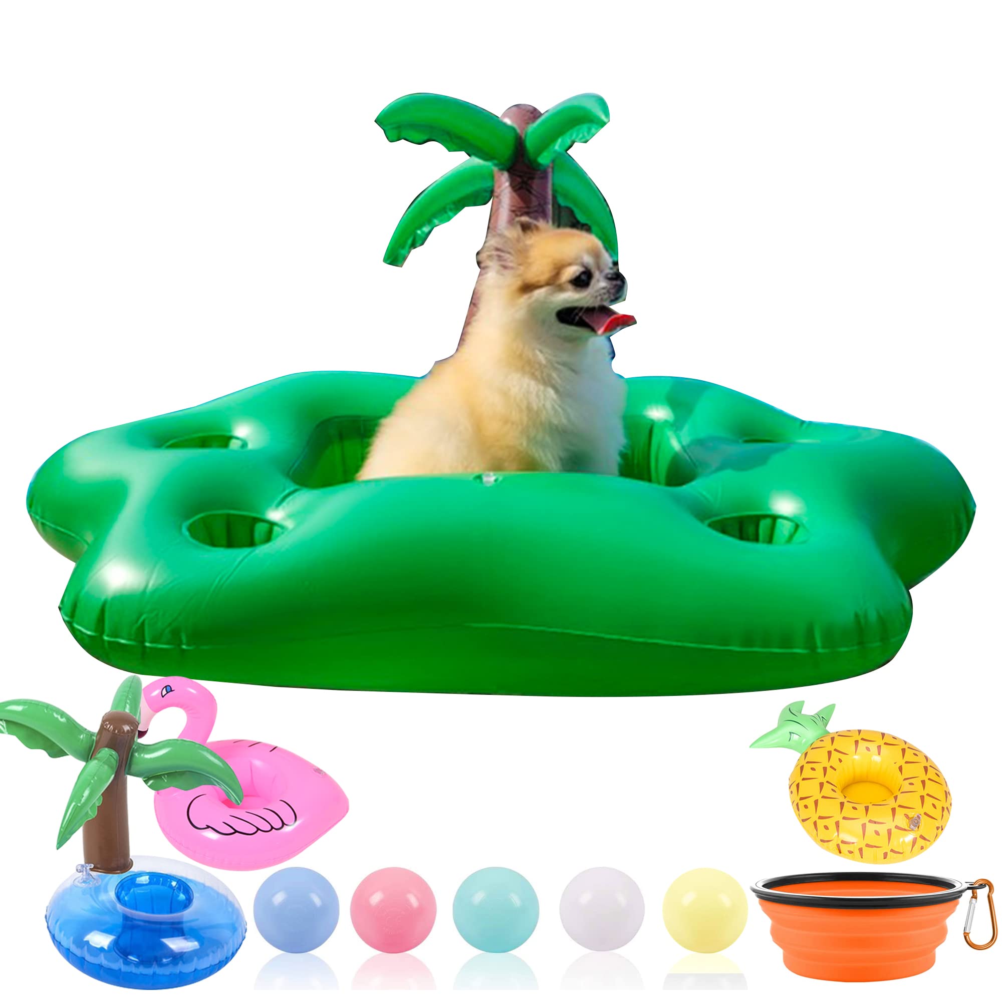 KUCDBUN coconut tree dog pool float with built-in bottle holders for pool parties.