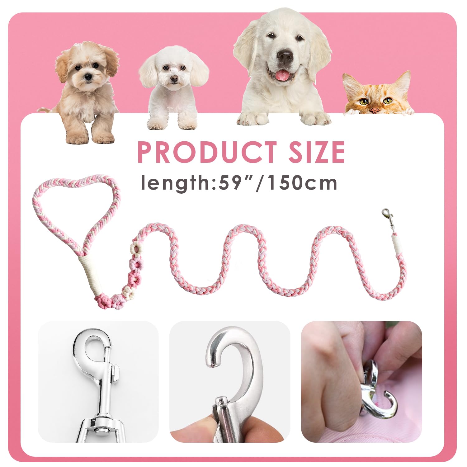 KUDOS durable braided cotton rope leash in pink designed for long-lasting use