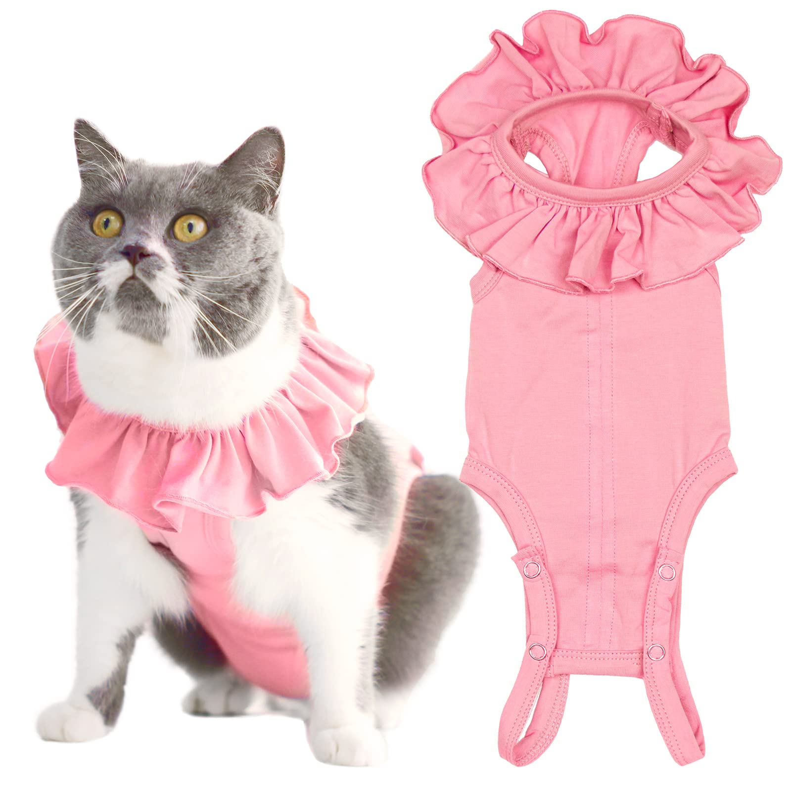 Kukaster Pet cat recovery suit pink protecting the surgical site after surgery.