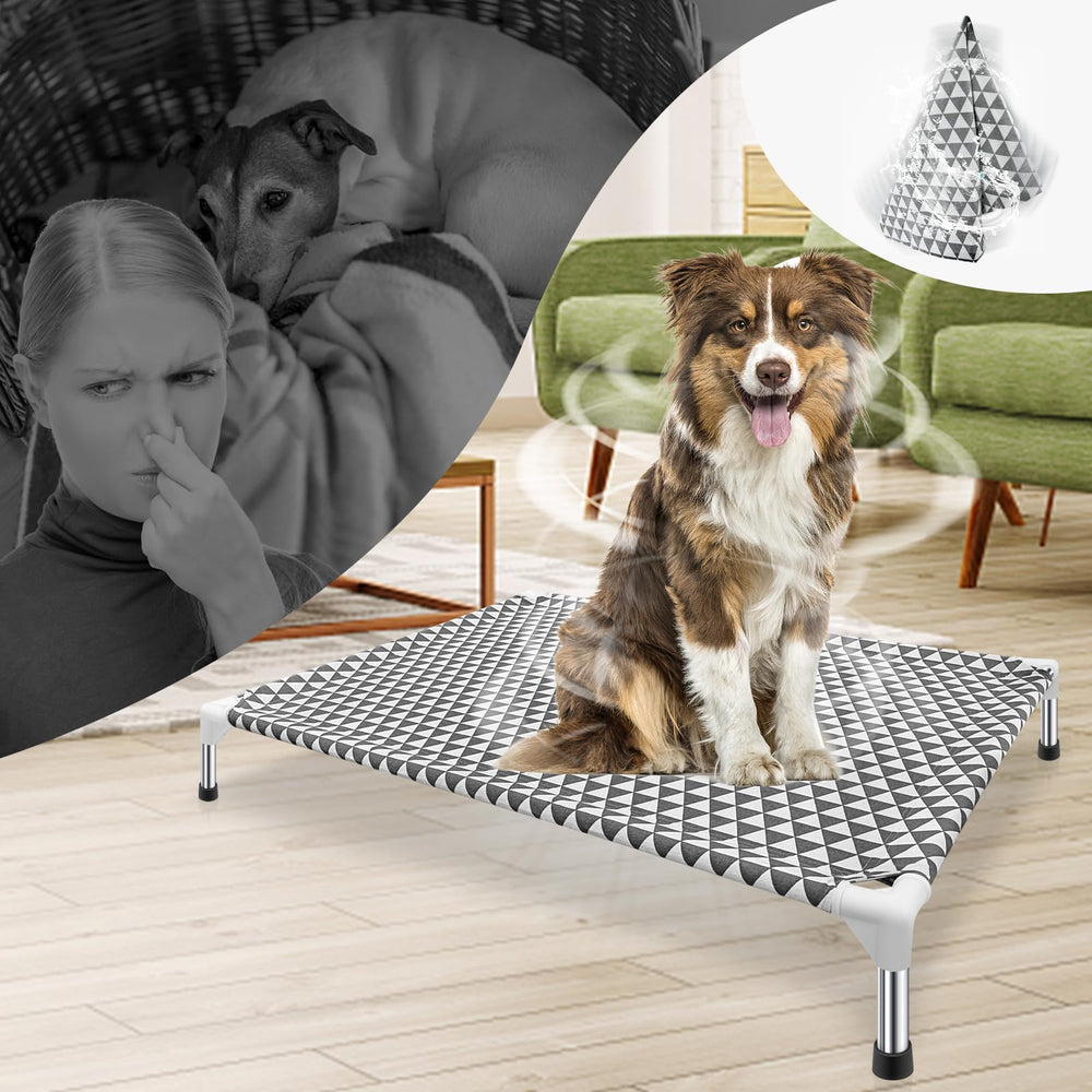 Kuntrust bed with non-slip feet stabilizing on a deck or patio