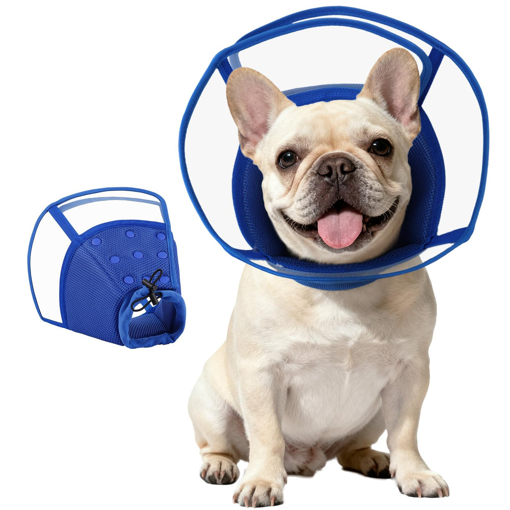 Kuoser blue medium dog cone, front view, helps prevent licking after surgery.