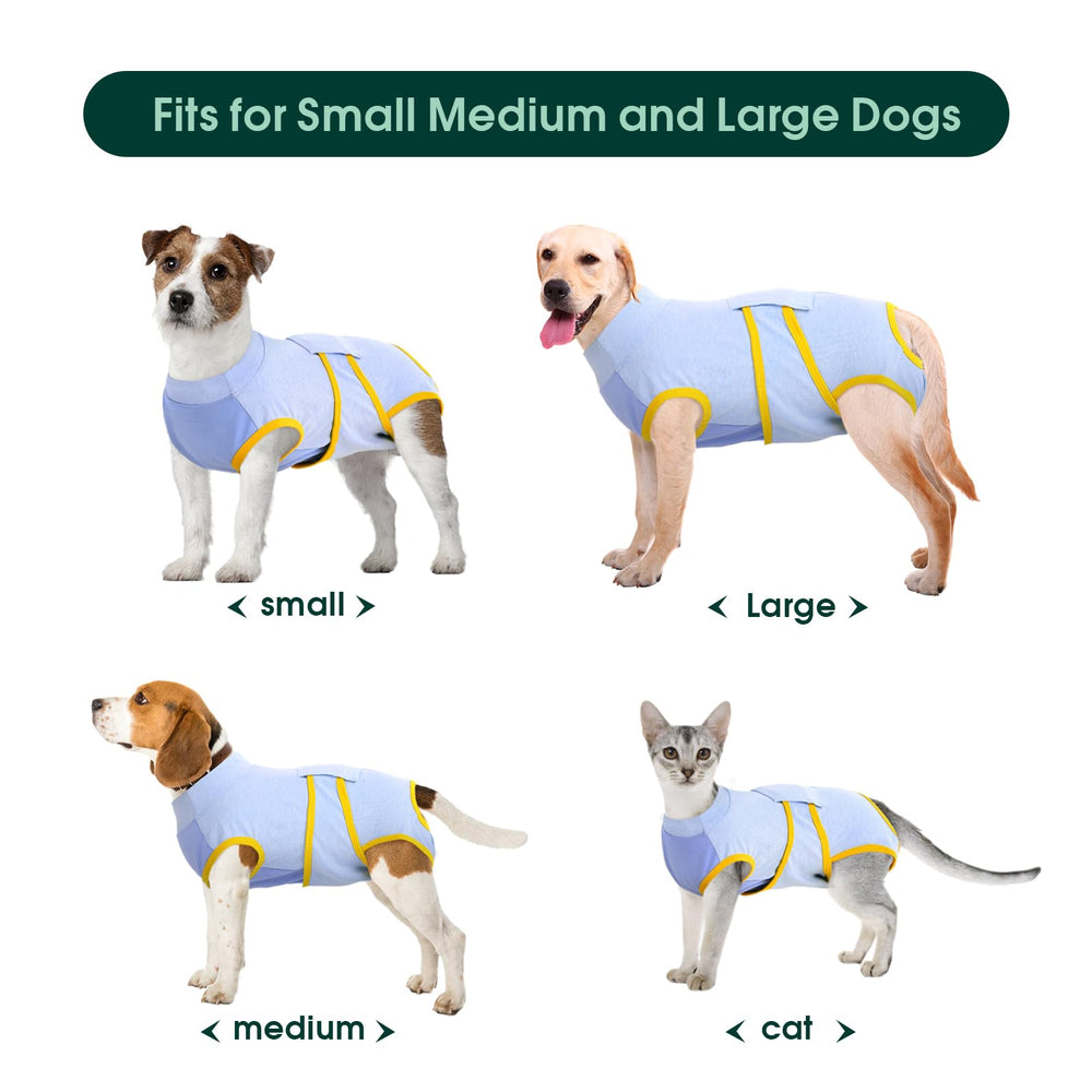 Kuoser cone-free onesie protects abdominal wounds while preventing licking.