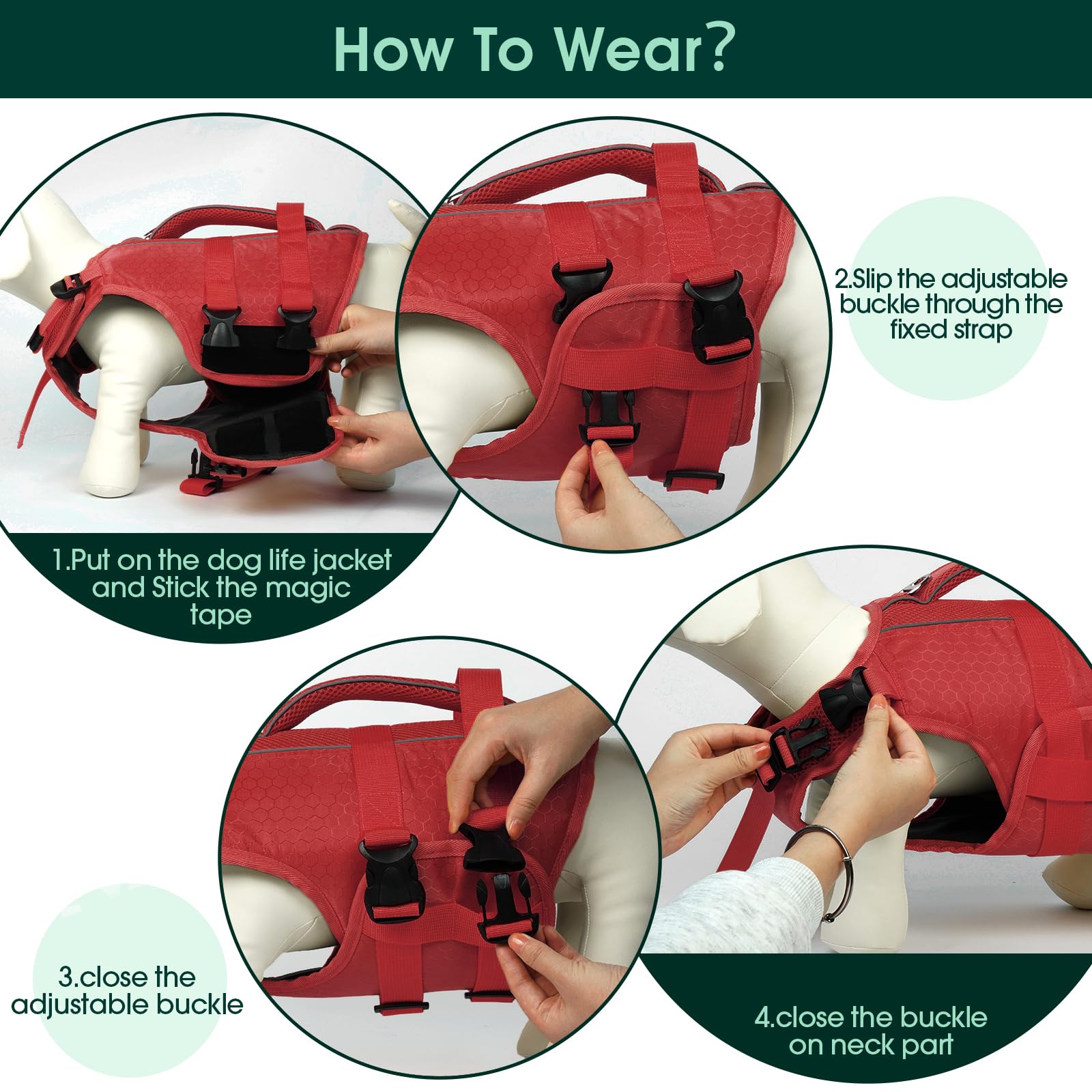 Kuoser dog life jacket side view showing size range and fit.