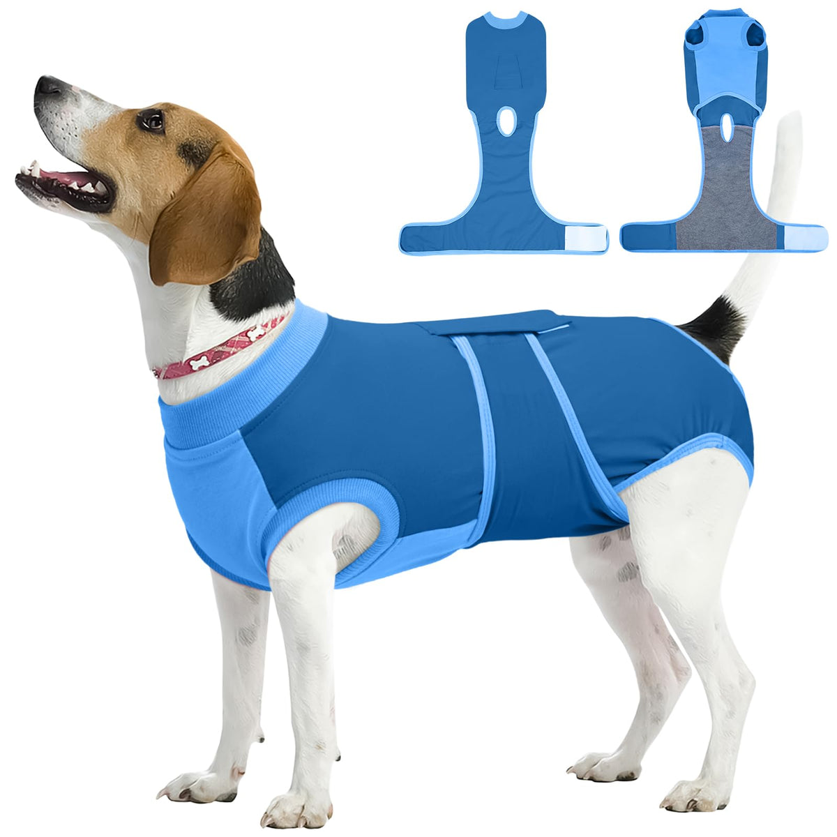 Kuoser dog recovery suit, blue front view, breathable comfort for post-surgery wear.