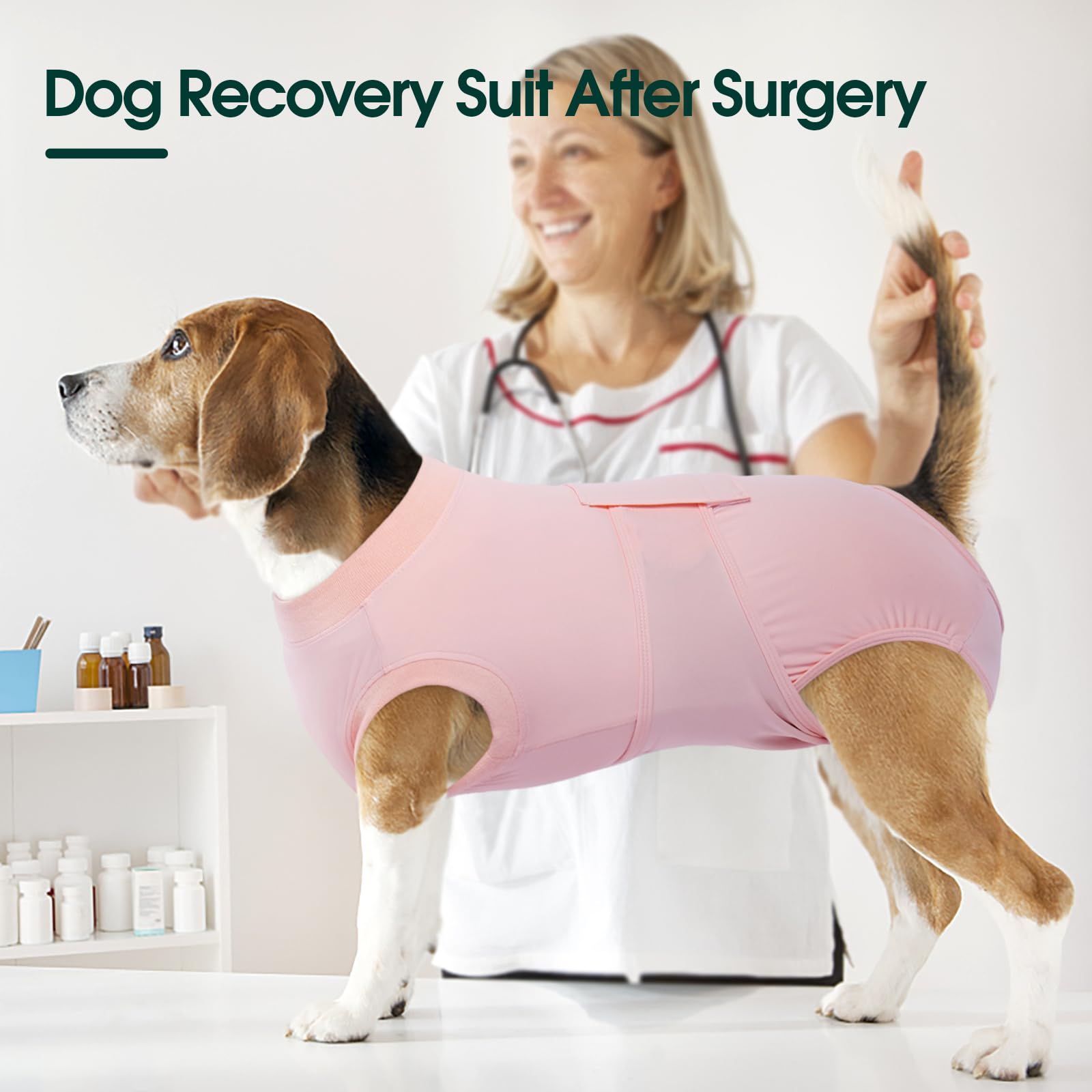 Kuoser pink recovery suit with adjustable closures for secure fit.