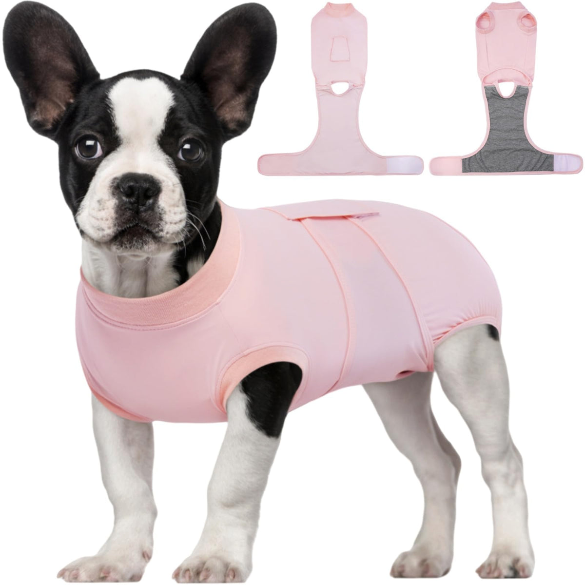 Kuoser pink dog recovery suit – front view showing coverage and comfort.