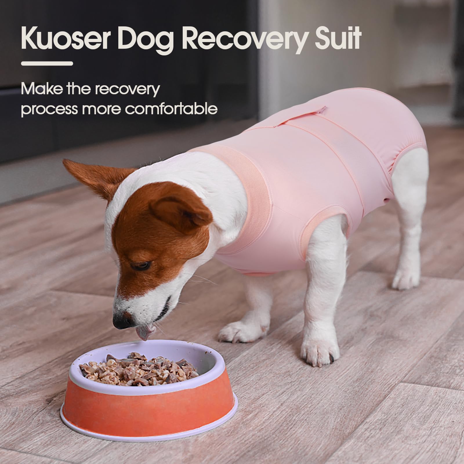 Kuoser pink machine-washable dog recovery suit for easy cleaning.