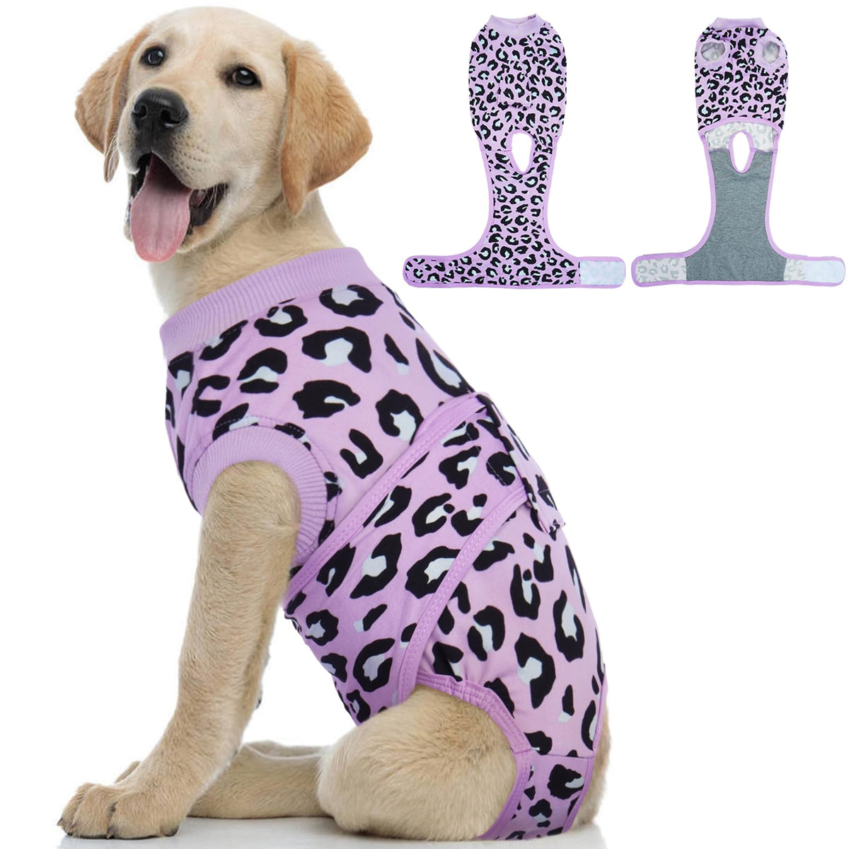 Kuoser dog recovery suit purple leopard S, front view, snug fit for post-surgery protection