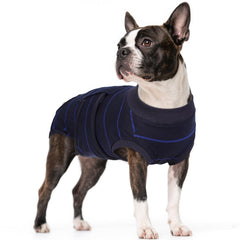 Kuoser dog surgery recovery suit in blue stripes, front view, supports post-op healing