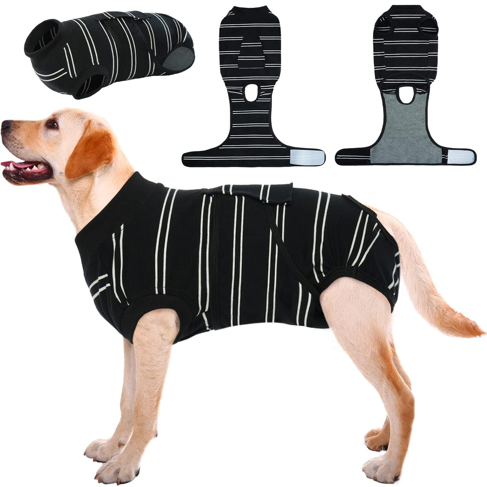 Kuoser dog surgery recovery suit model wearing blue XL showing snug, supportive fit