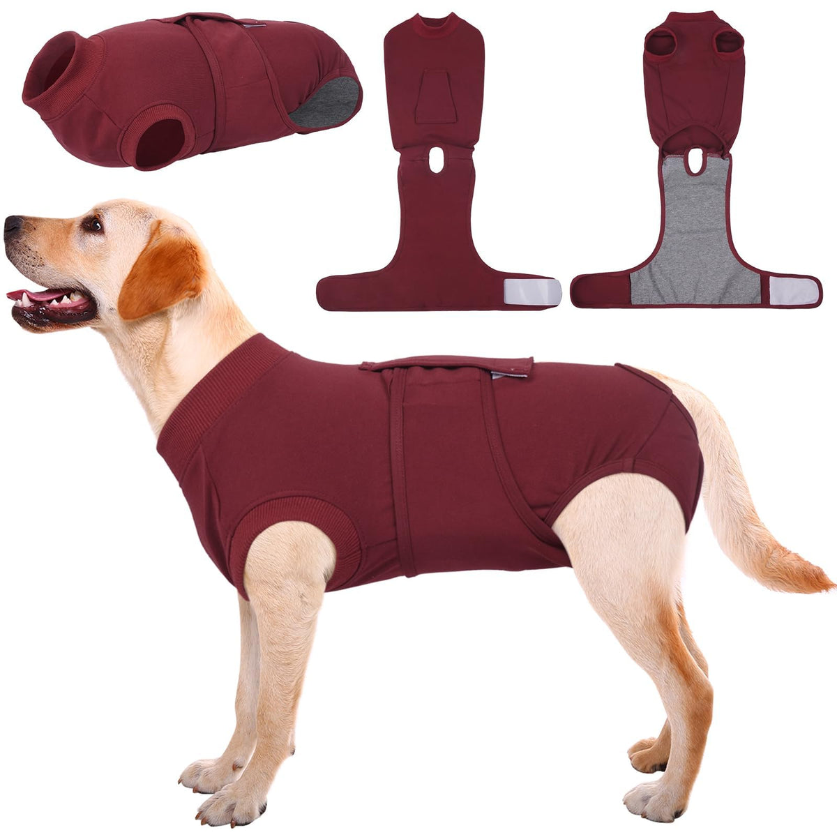Kuoser dog recovery suit front view showing breathable fabric for post-op comfort