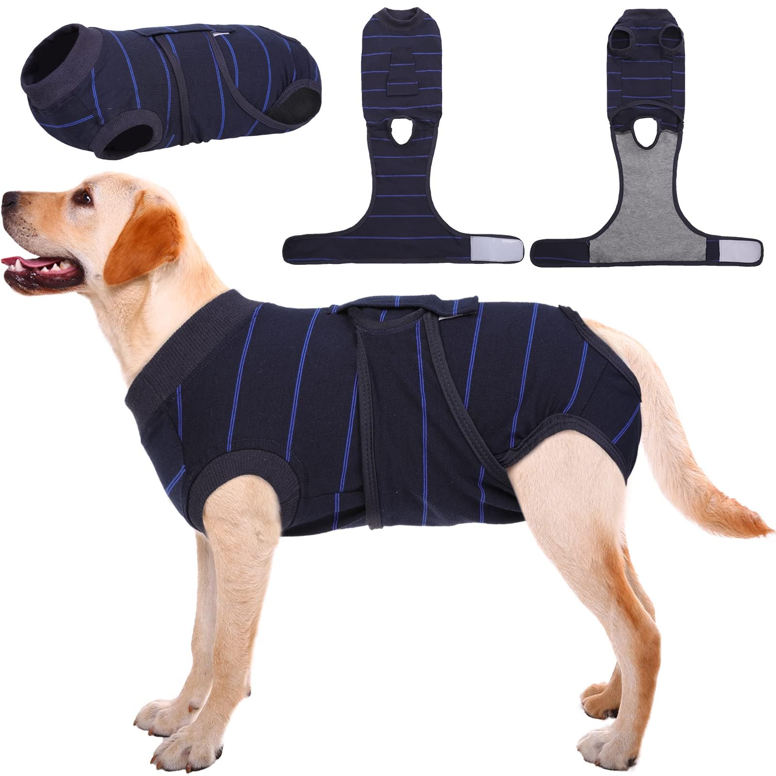 Kuoser dog surgery suit blue stripes front view protects wounds.