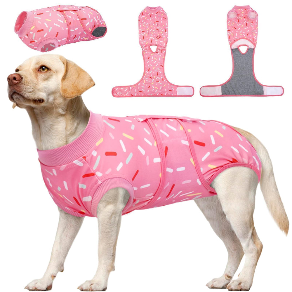 Kuoser dog surgery suit front view shows snug fit for comfort