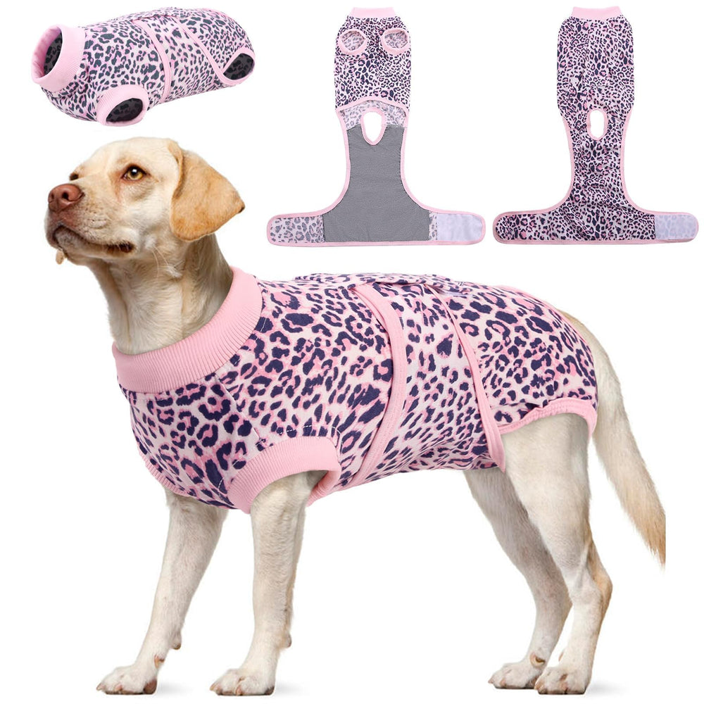 Kuoser dog surgery suit pink leopard back view for post-op comfort and fit