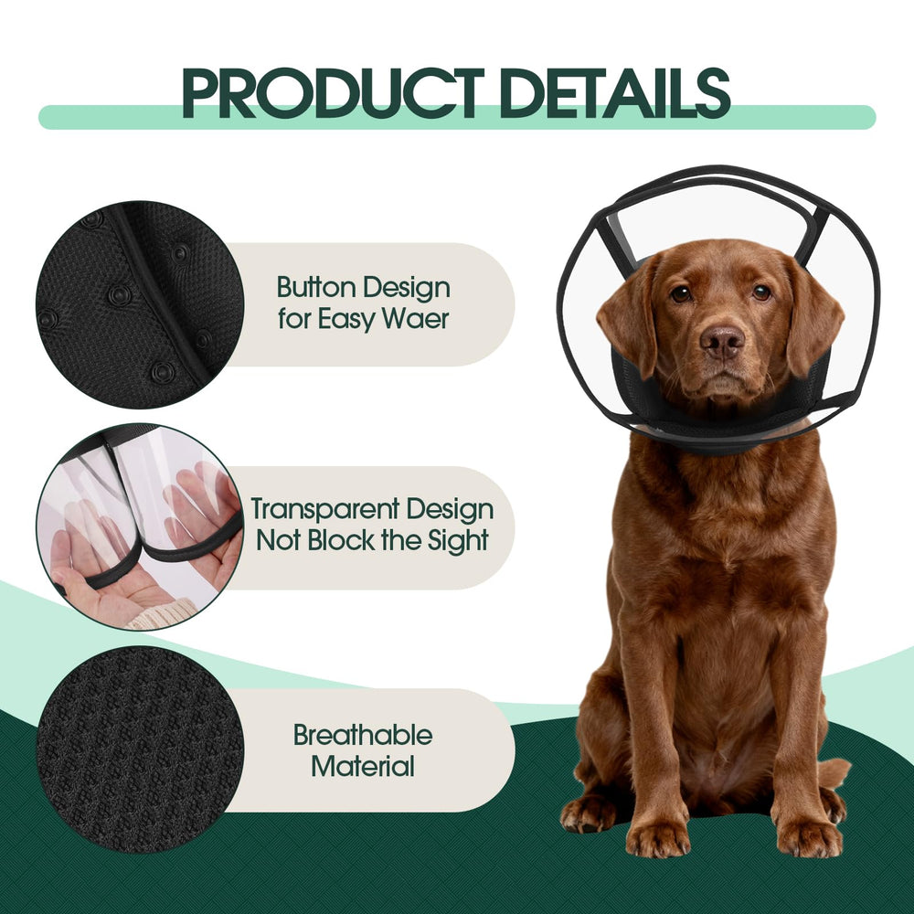 Kuoser quick-on-off buttons simplify wearing the cone without inflating