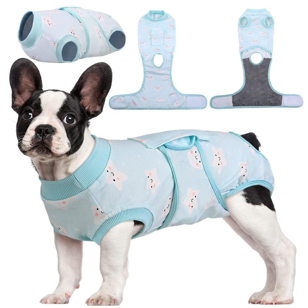 Kuoser Recovery Suit on dog front view, breathable fabric supports comfortable post-surgery wear.