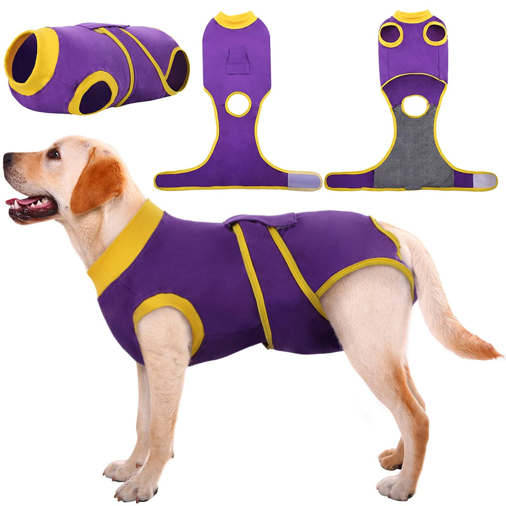 Kuoser Recovery Suit dog front view; post-surgery protection and comfort.