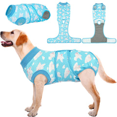 Kuoser recovery suit on dog, front view, helps prevent licking during recovery.