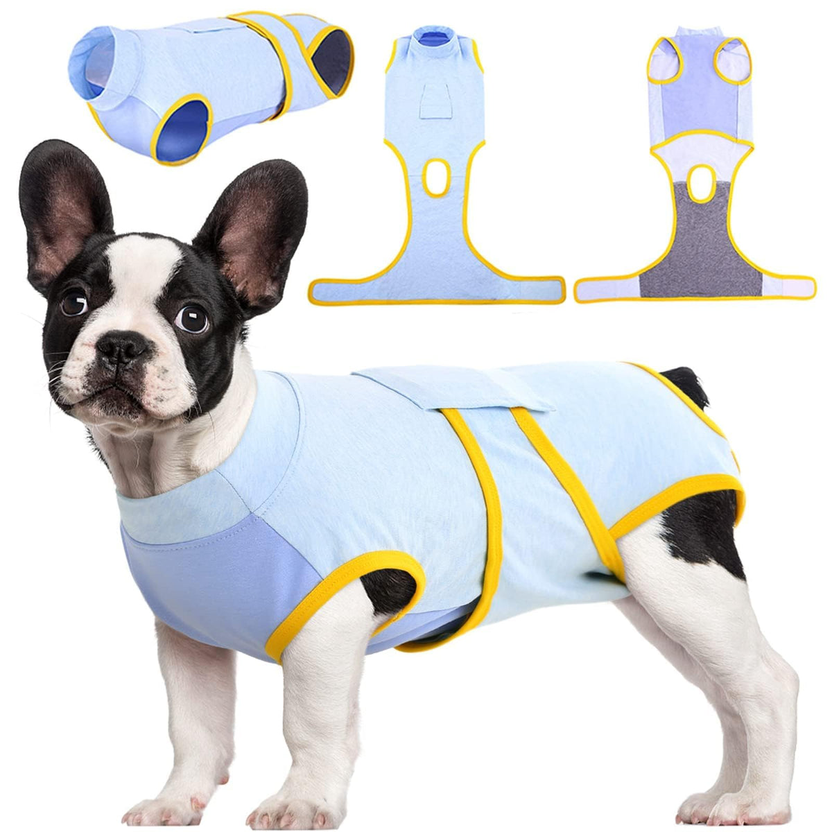 Kuoser Recovery Suit worn on a dog resting on a bed to promote gentle recovery