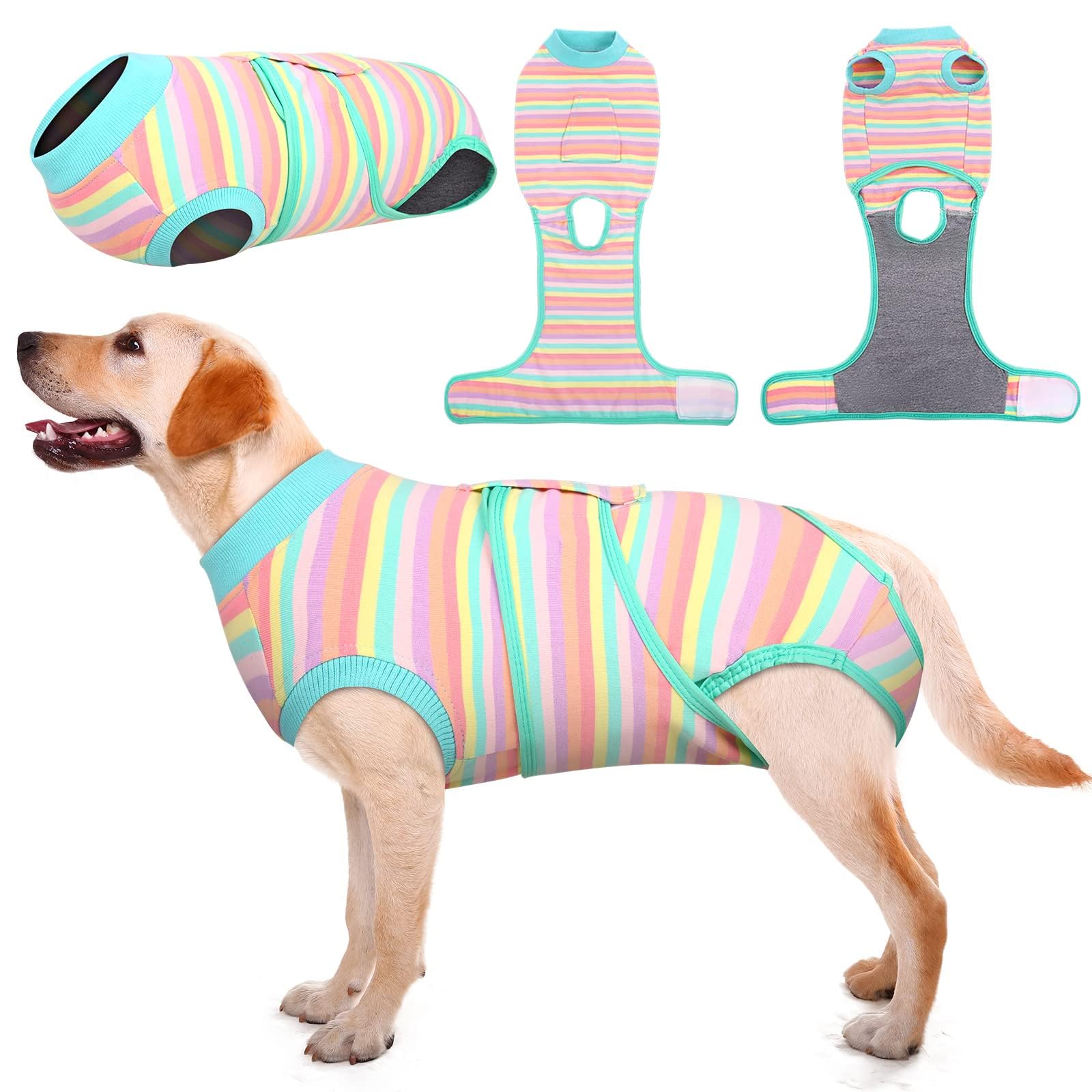 Kuoser Recovery Suit on a dog in front view, covering the torso for comfortable post-surgery wear