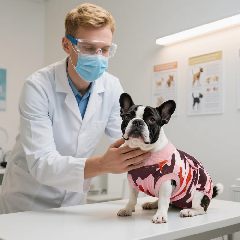 Dog wearing Kuoser Recovery Suit post-surgery, an alternative to a cone