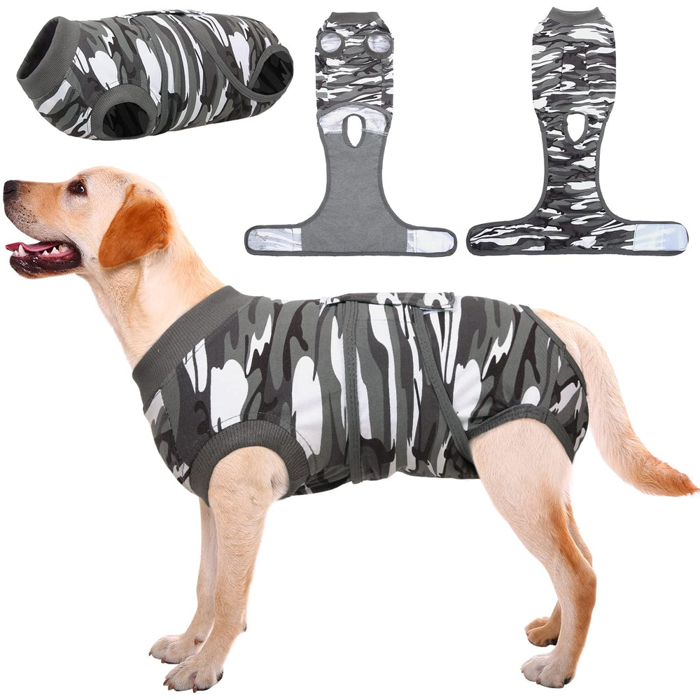 Kuoser recovery suit front view on a dog showing breathable fabric for comfort