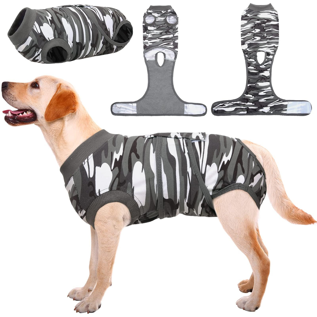 Kuoser recovery suit front view on a dog showing breathable fabric for comfort