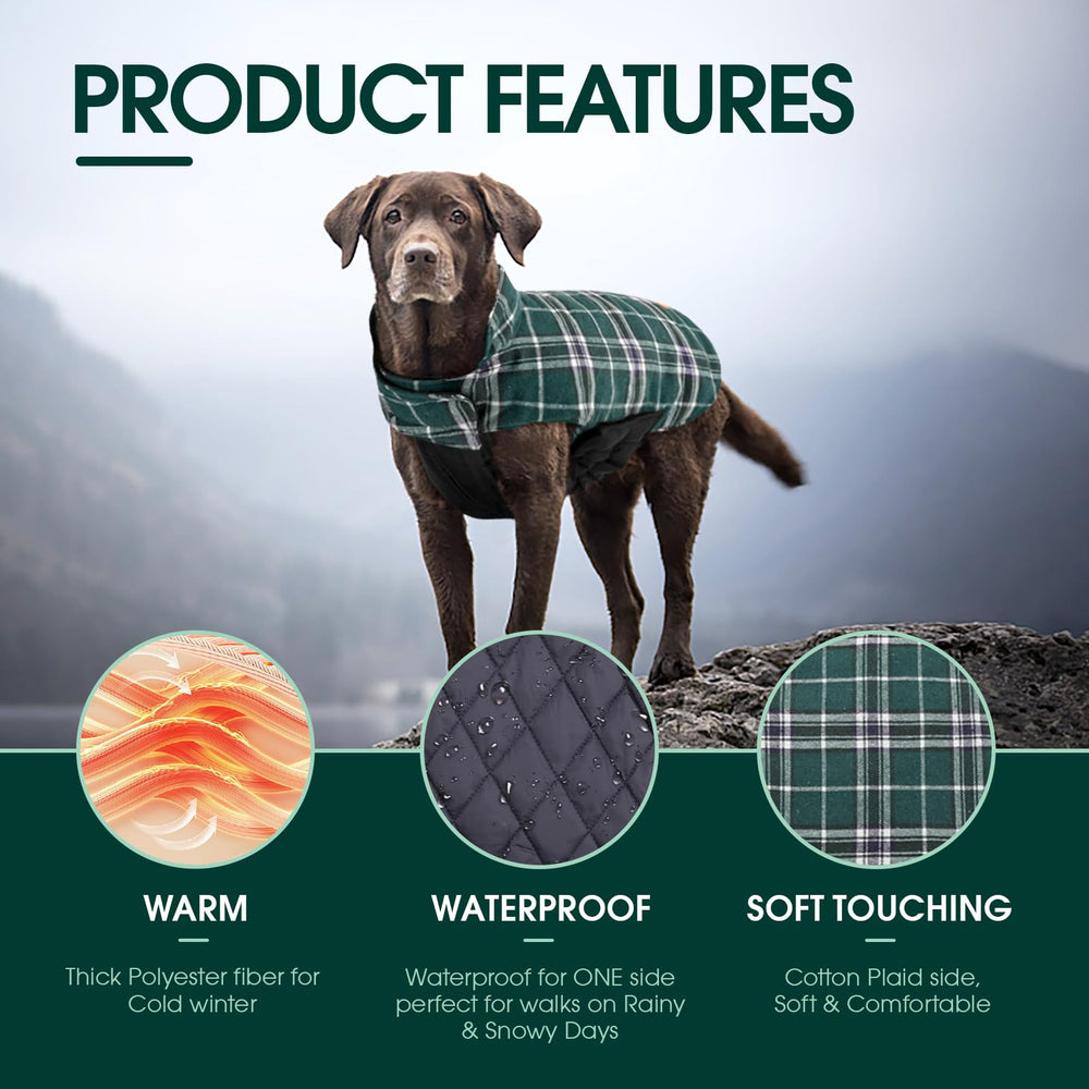 Kuoser reversible dog jacket side-clip highlights adjustable closure for versatile styling.