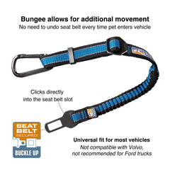 Kurgo Direct to Seatbelt Bungee Tether demonstrates adjustable length for comfy, secure backseat travel.