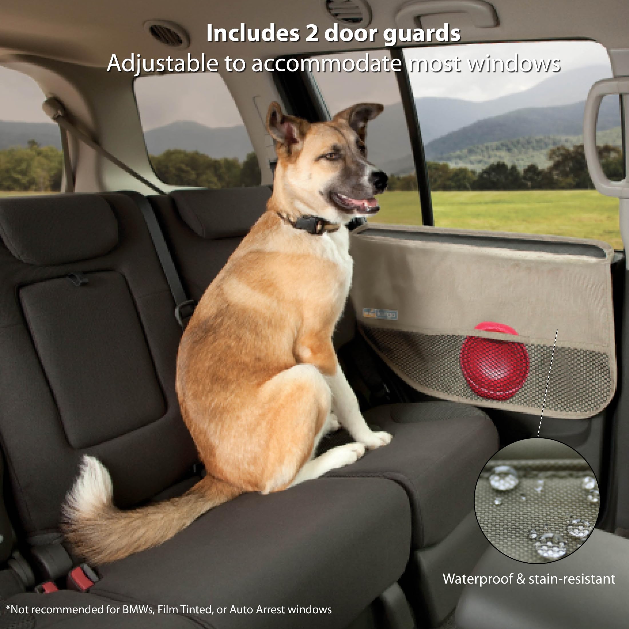 Kurgo Rover Car Door Guard waterproof-panel protects against mud and drool during trips.