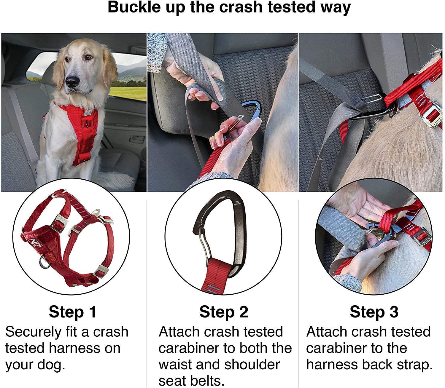 Kurgo steel carabiner tether enables quick, secure vehicle attachment.