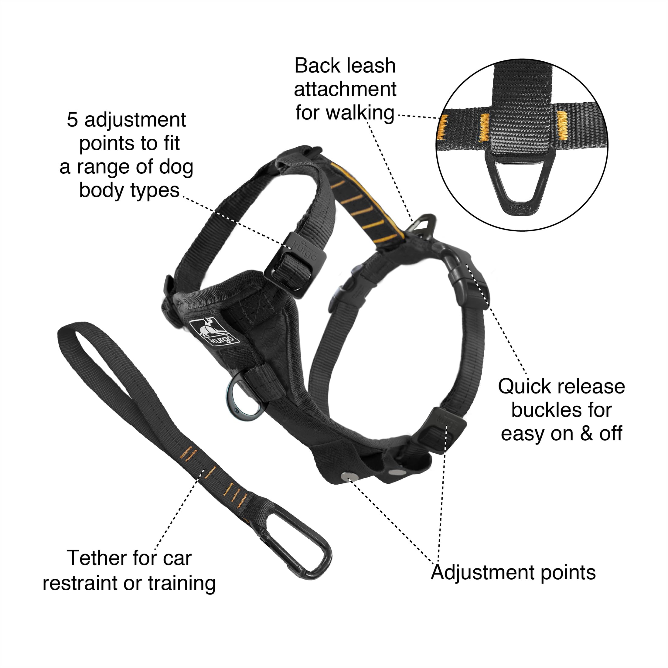 Kurgo Tru-Fit quick-release buckles enable fast, hassle-free on-and-off.