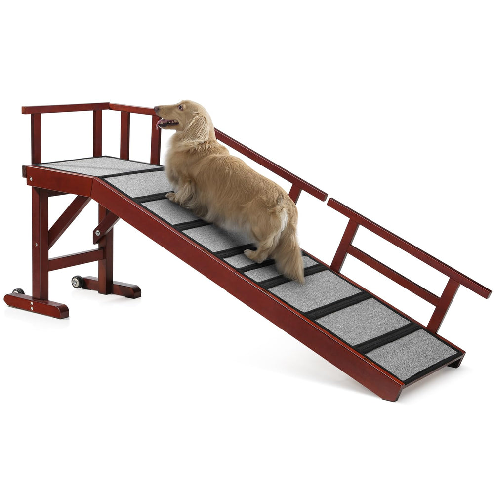 KUVETO dog ramp on bed with 60-inch mahogany finish for safe access.