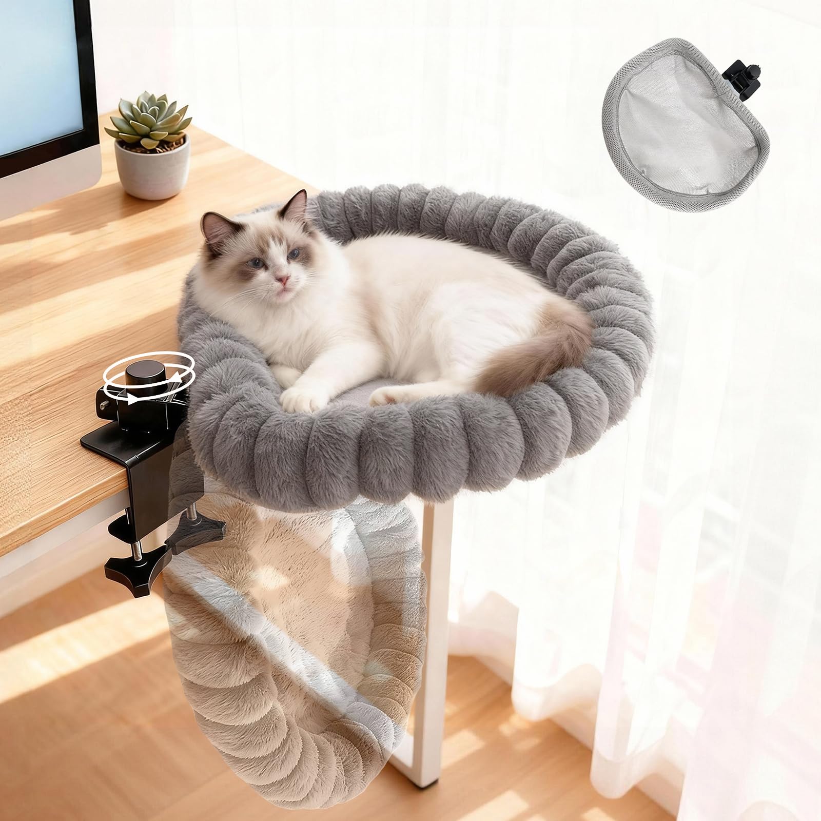 Kxreizr rotatable foldable cat desk bed enables quick cuddle access during desk breaks.