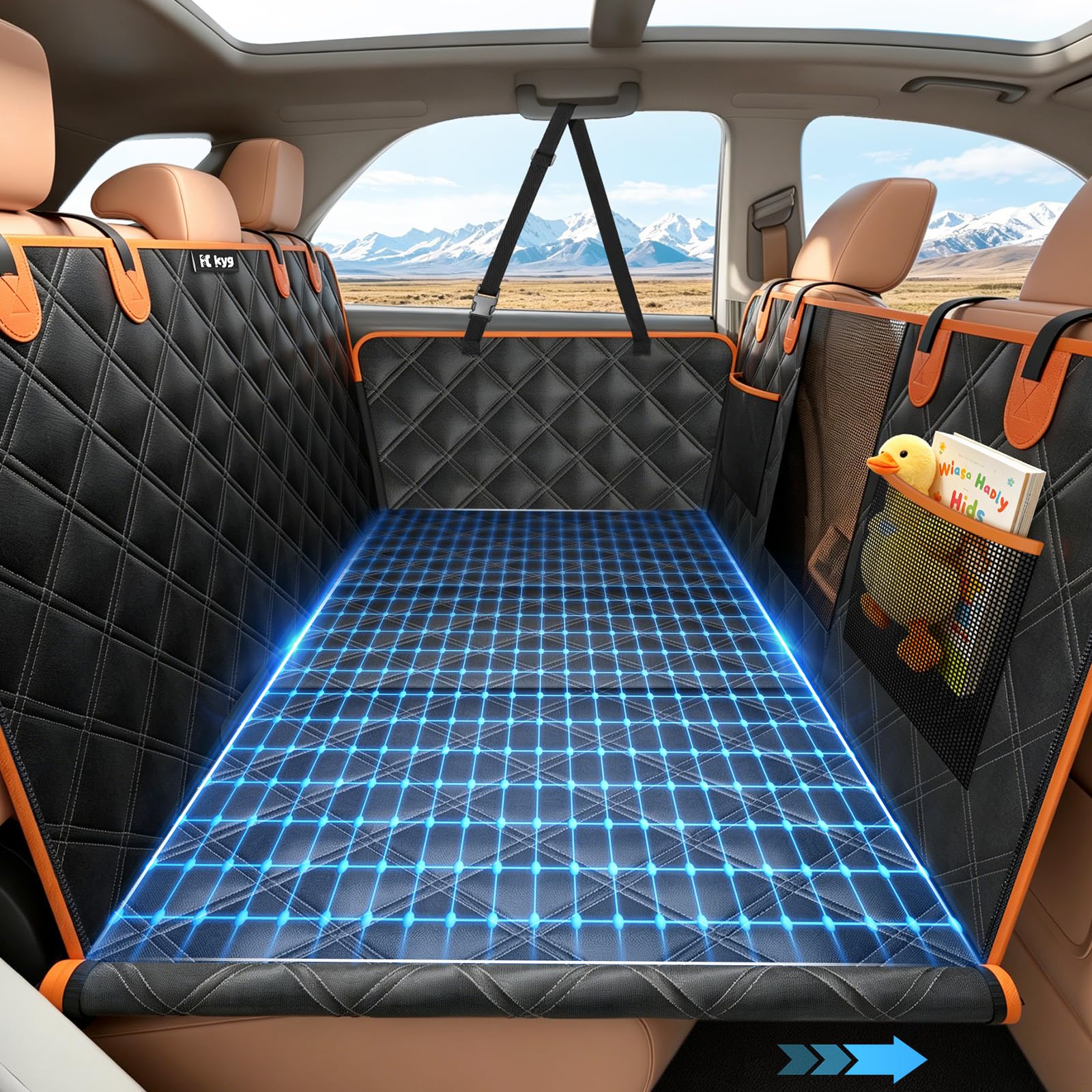 KYG back seat extender with hard base for secure rides.