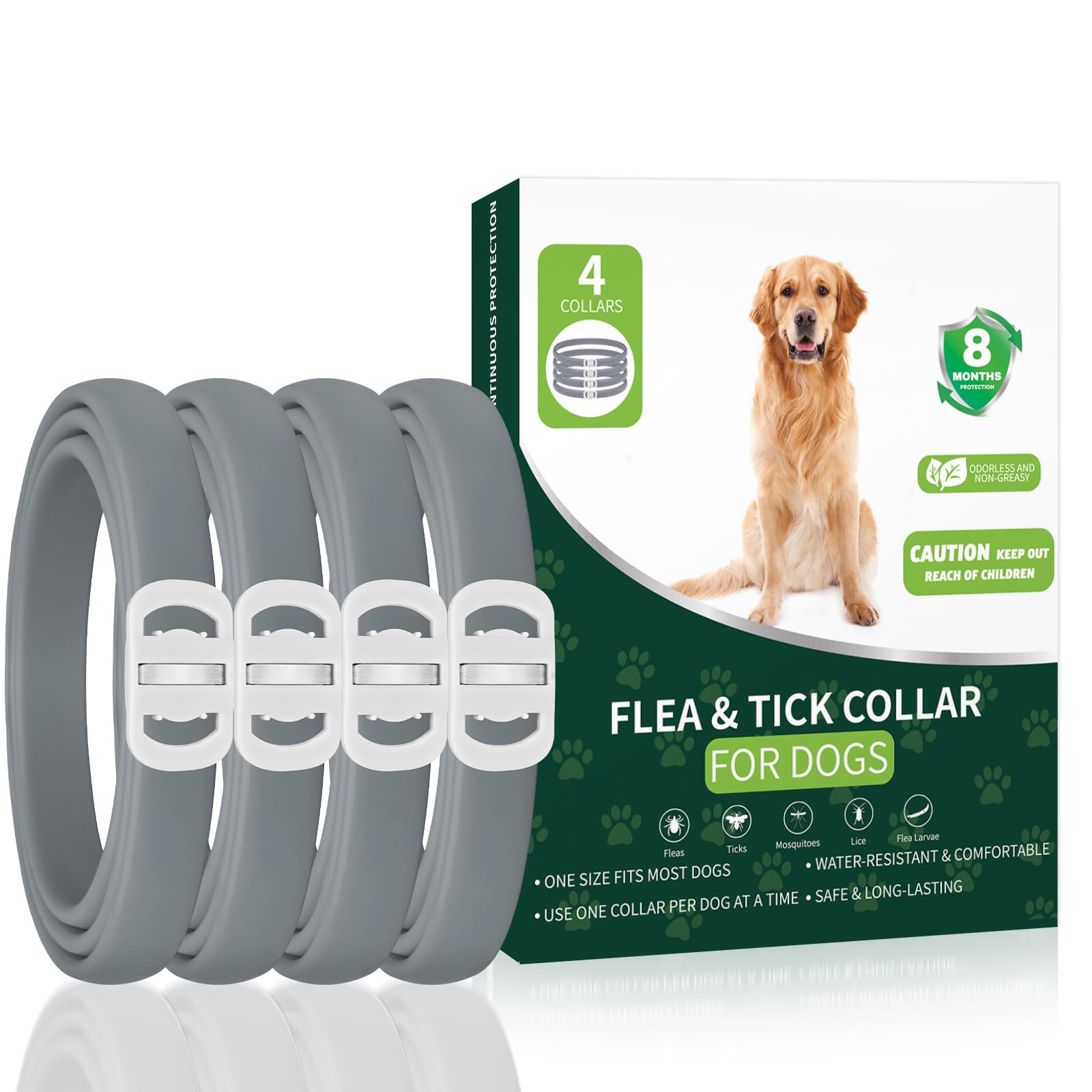 KYGNE four-pack dog flea collar packaging showing long-lasting protection.