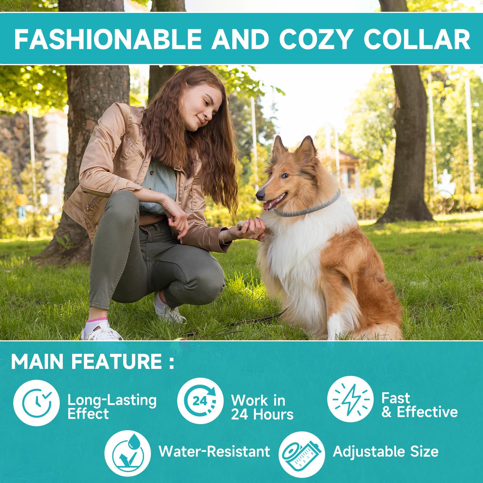 KYGNE flea collar close-up showcasing adjustable strap up to 26 inches.