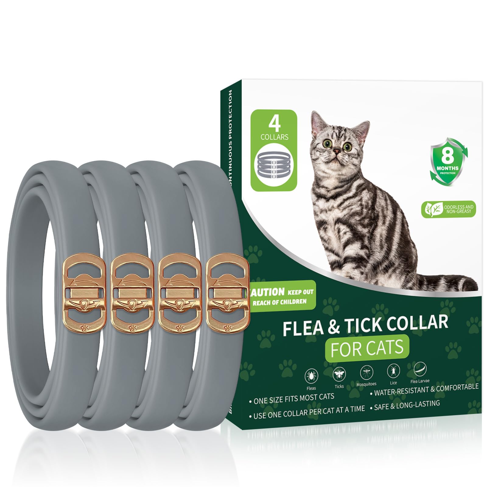 KYGNE four-pack flea collar on a cat's neck for prevention.