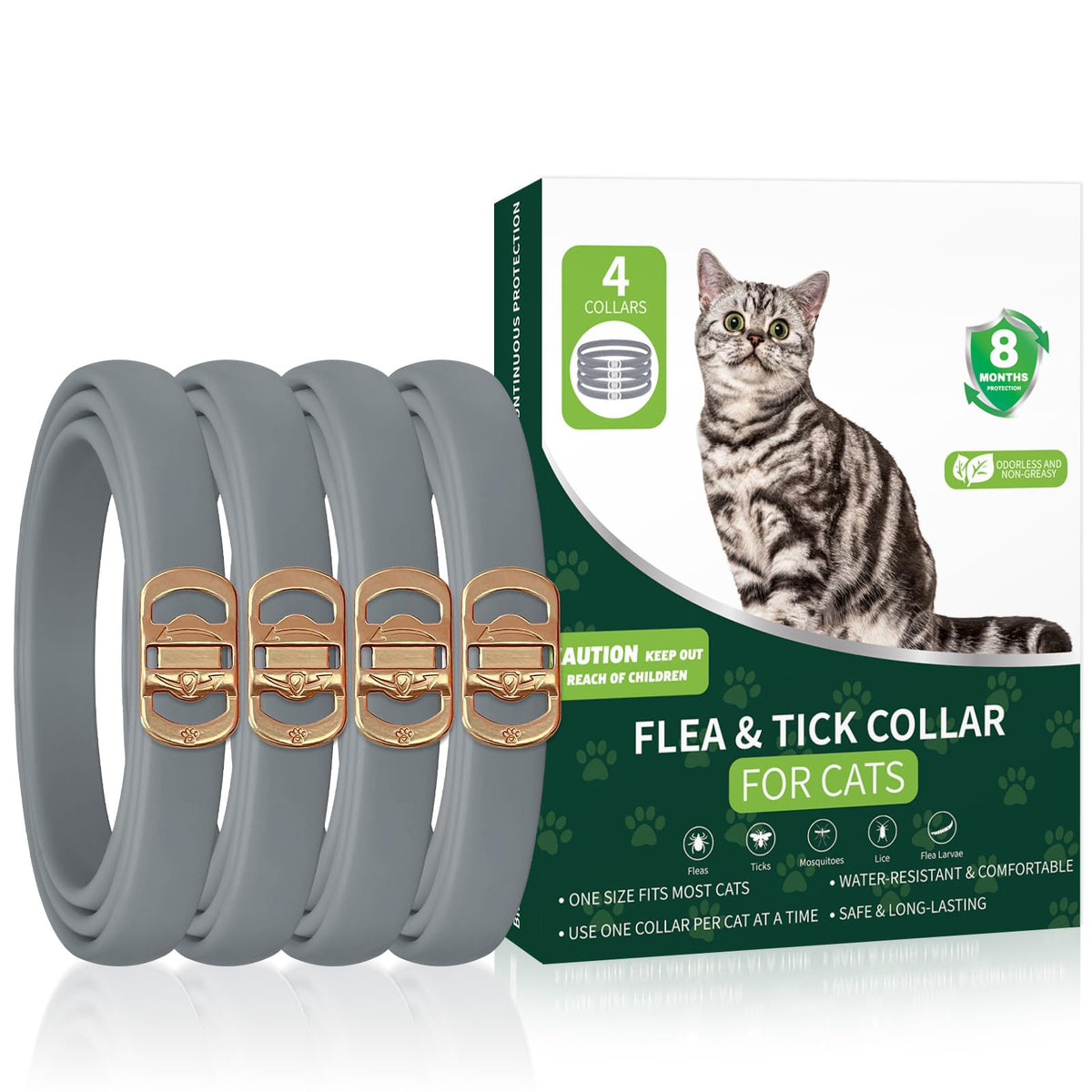 KYGNE four-pack flea collar on a cat's neck for prevention.