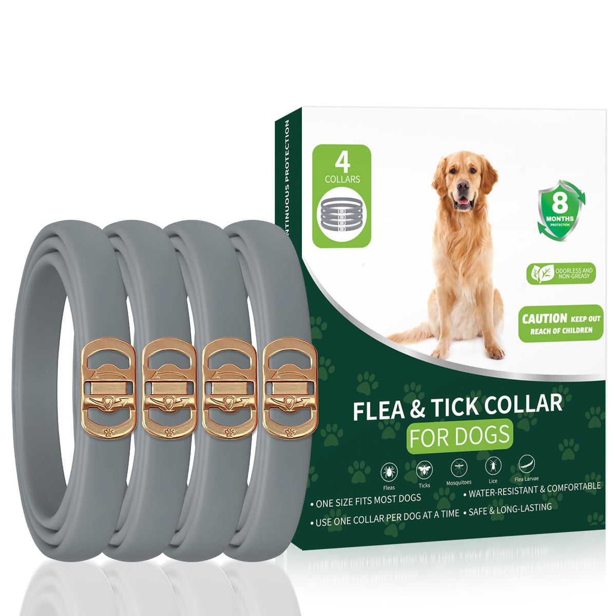 KYGNE four-pack flea collar for dogs provides extended protection for multiple pets.