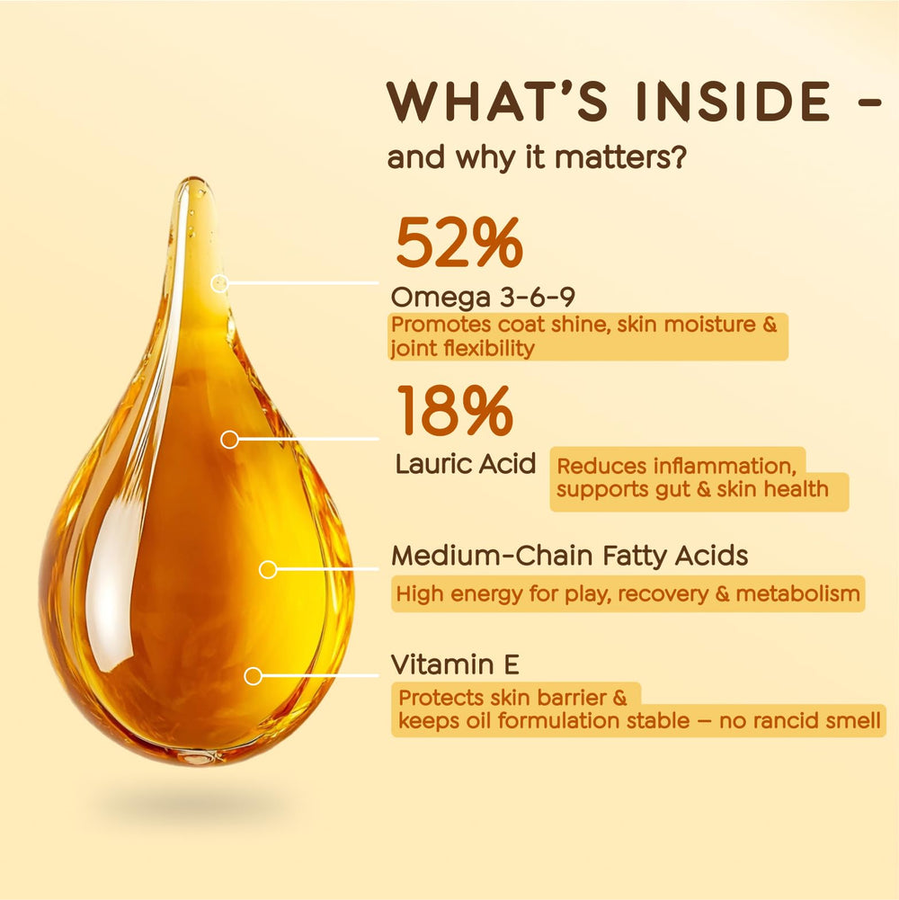 Pourable Glow Oil bottle beside kibble for convenient daily wellness.