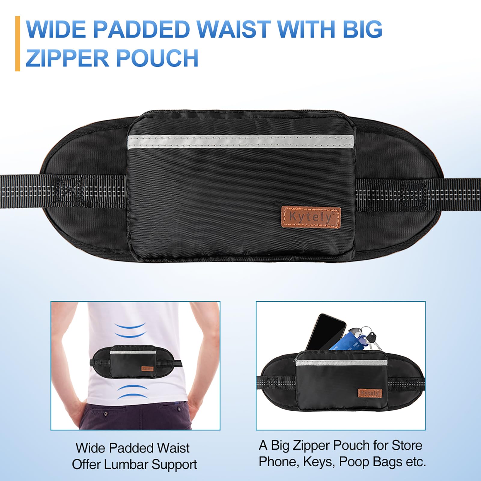 Kytely wide padded waist belt supports comfortable long walks.