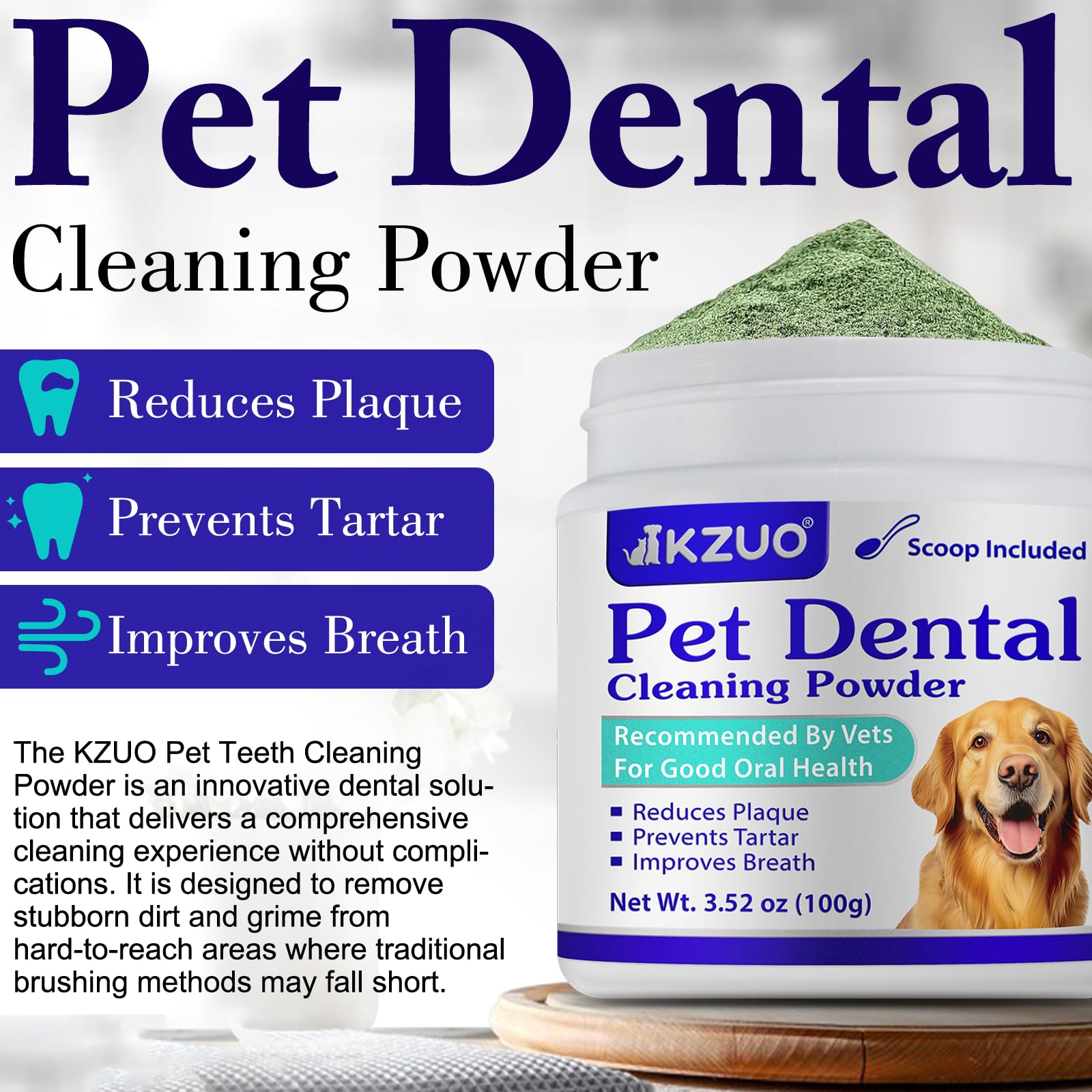 KZUO Cat Dental Powder targets tartar reduction on cats over time.