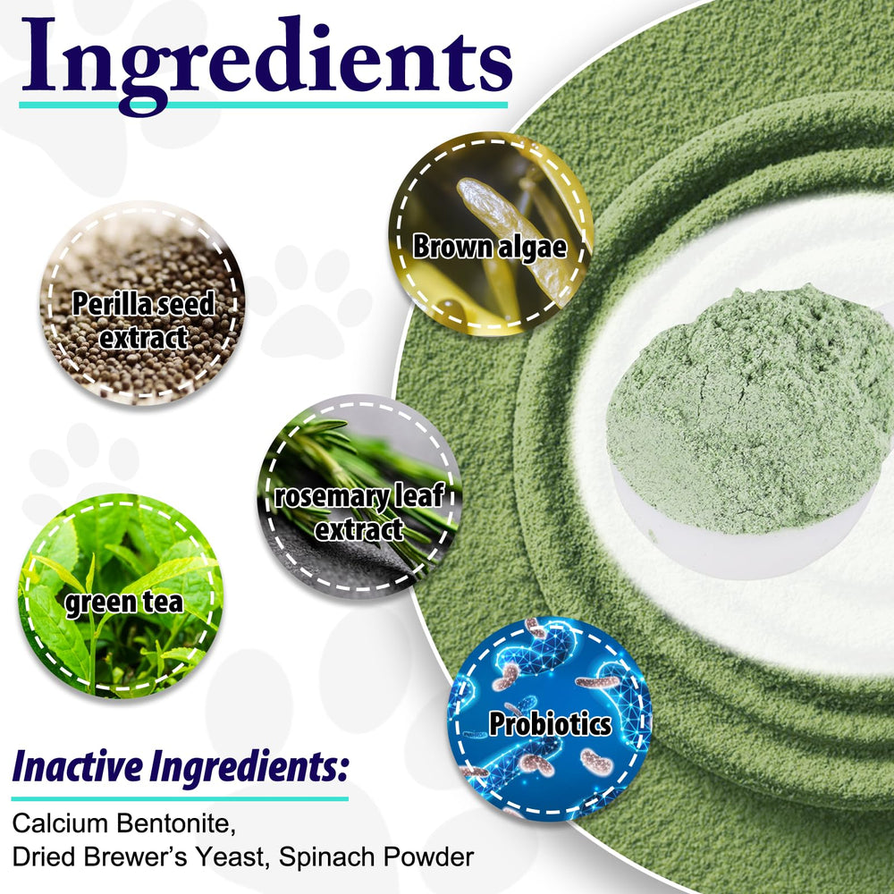 KZUO Dog Dental Powder being sprinkled over food for easy use.