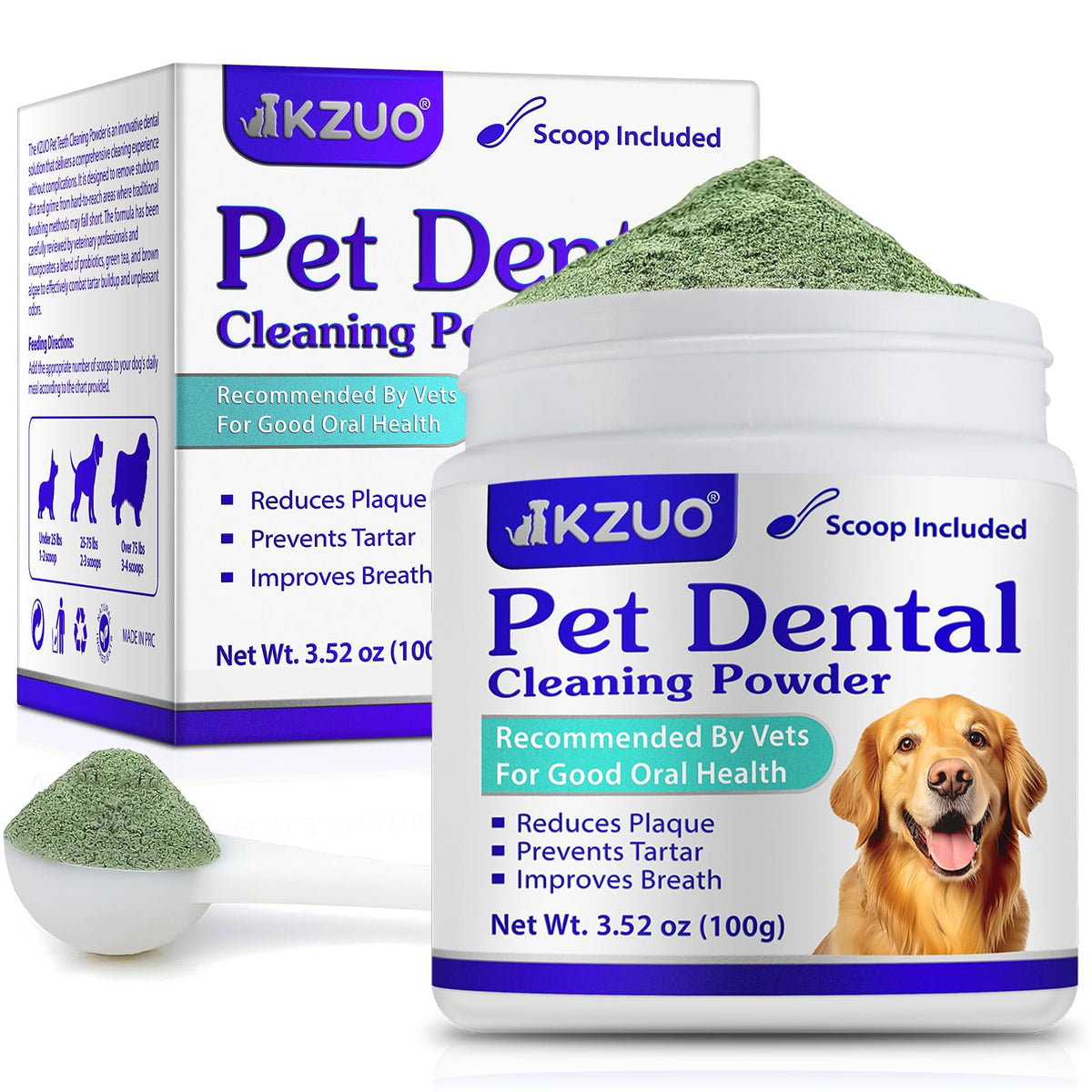 KZUO Dog Dental Powder packaging close-up with premium labeling for easy purchase.