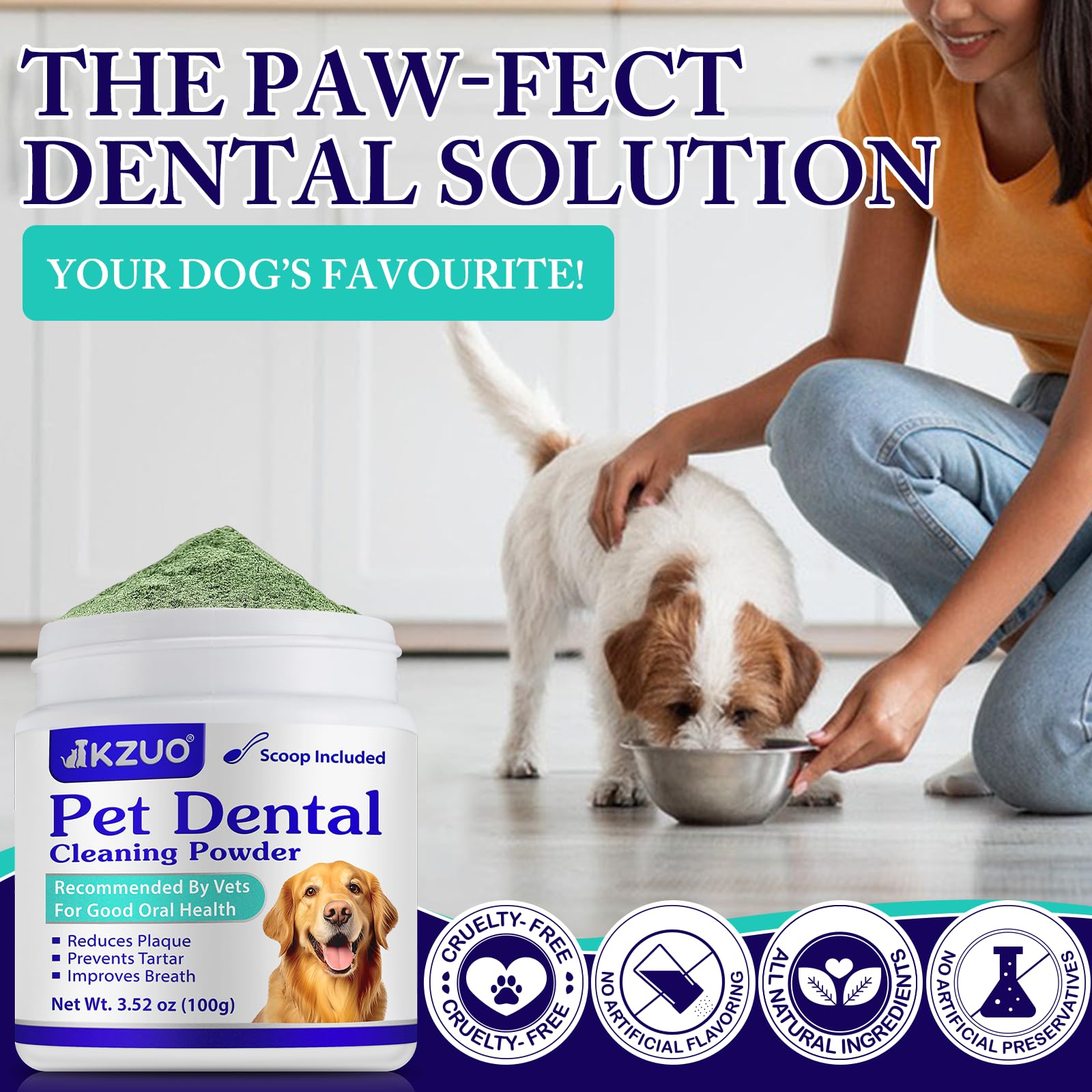 KZUO Dog Dental Powder teeth detail suggesting healthier-looking gums.
